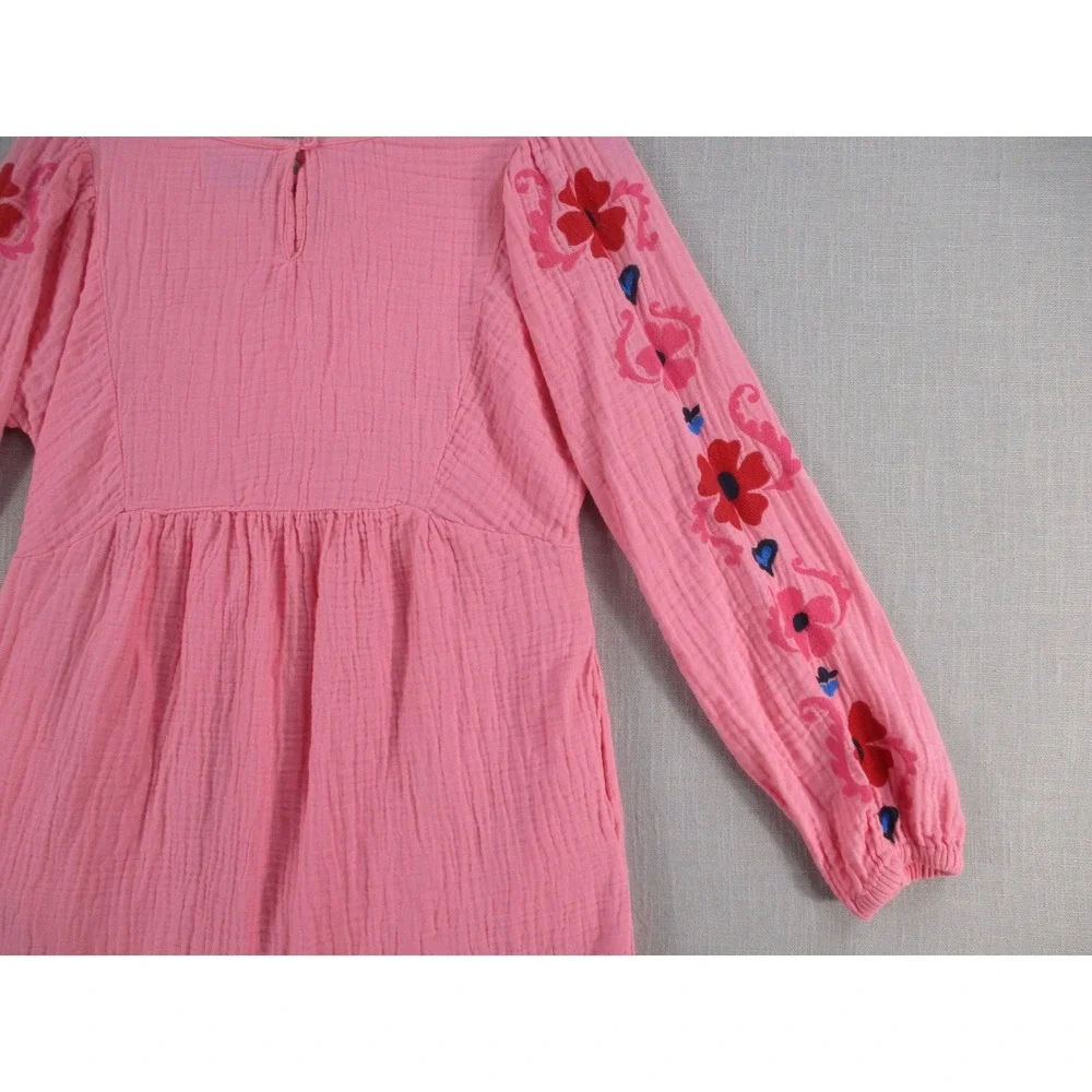 Old Navy Girls Pink Crinkle Gauze Embroidered Floral Long Sleeve Dress XL 14-16